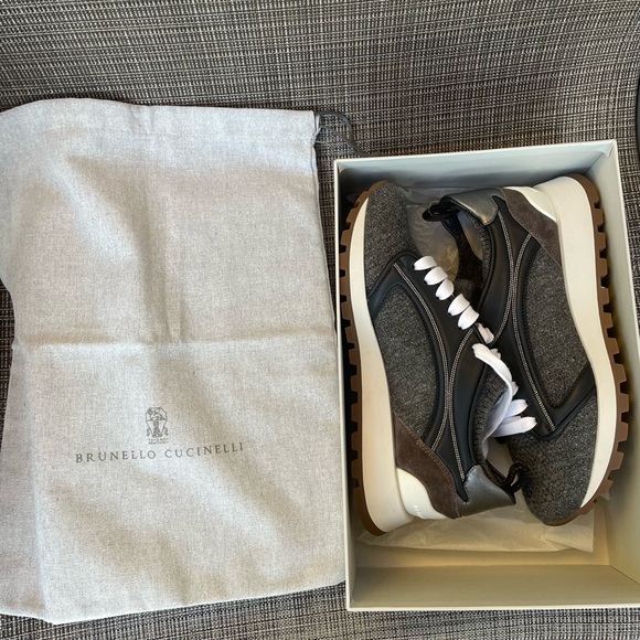 NWT Brunello Cucinelli Leather Knit Women Sock Sneakers Size 36 - Picture 2 of 9